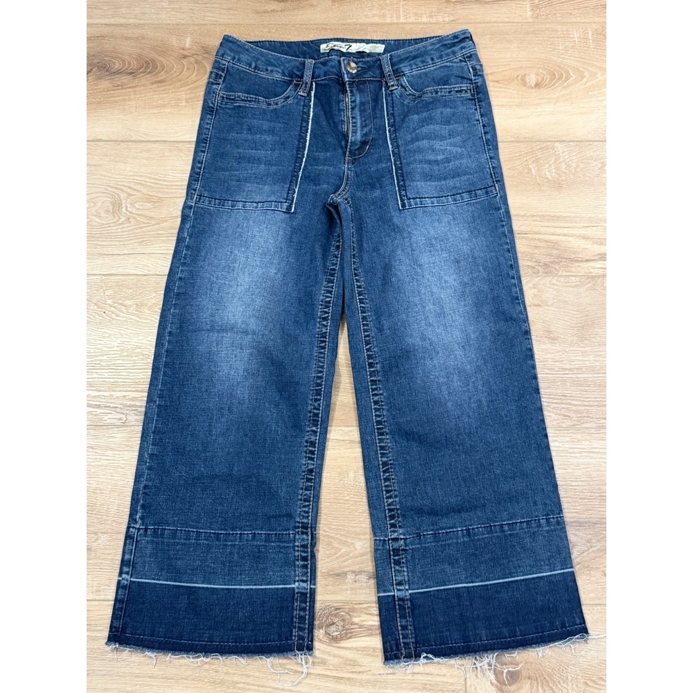 Seven7 Womens Wide Leg Crop‎ Jeans Blue Medium Wash Raw Hem Patch Pocket Size 10